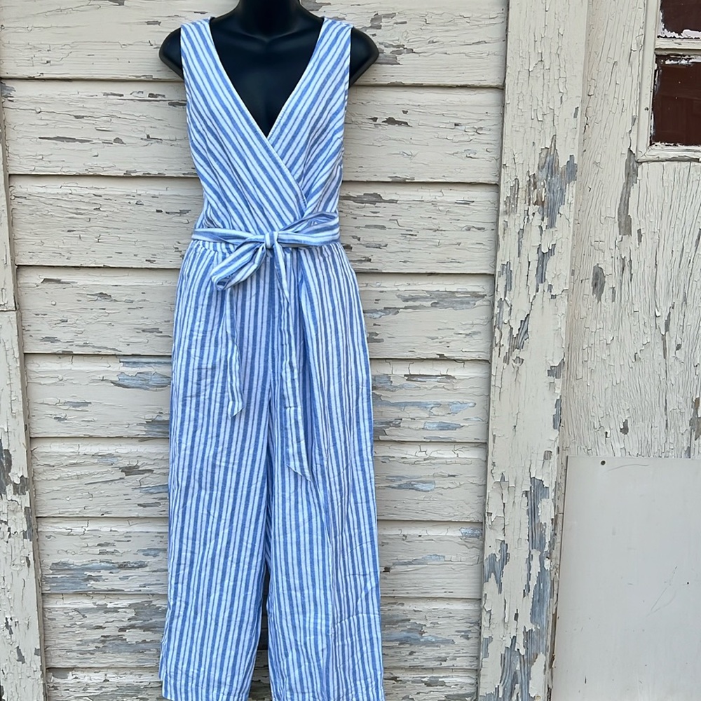 Gap Surplice Wrap Striped Linen Beachy Festival Vacation Jumpsuit Romper 16